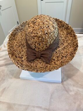 Liz Claiborne Natural Straw Sun Hat with Brown Bow